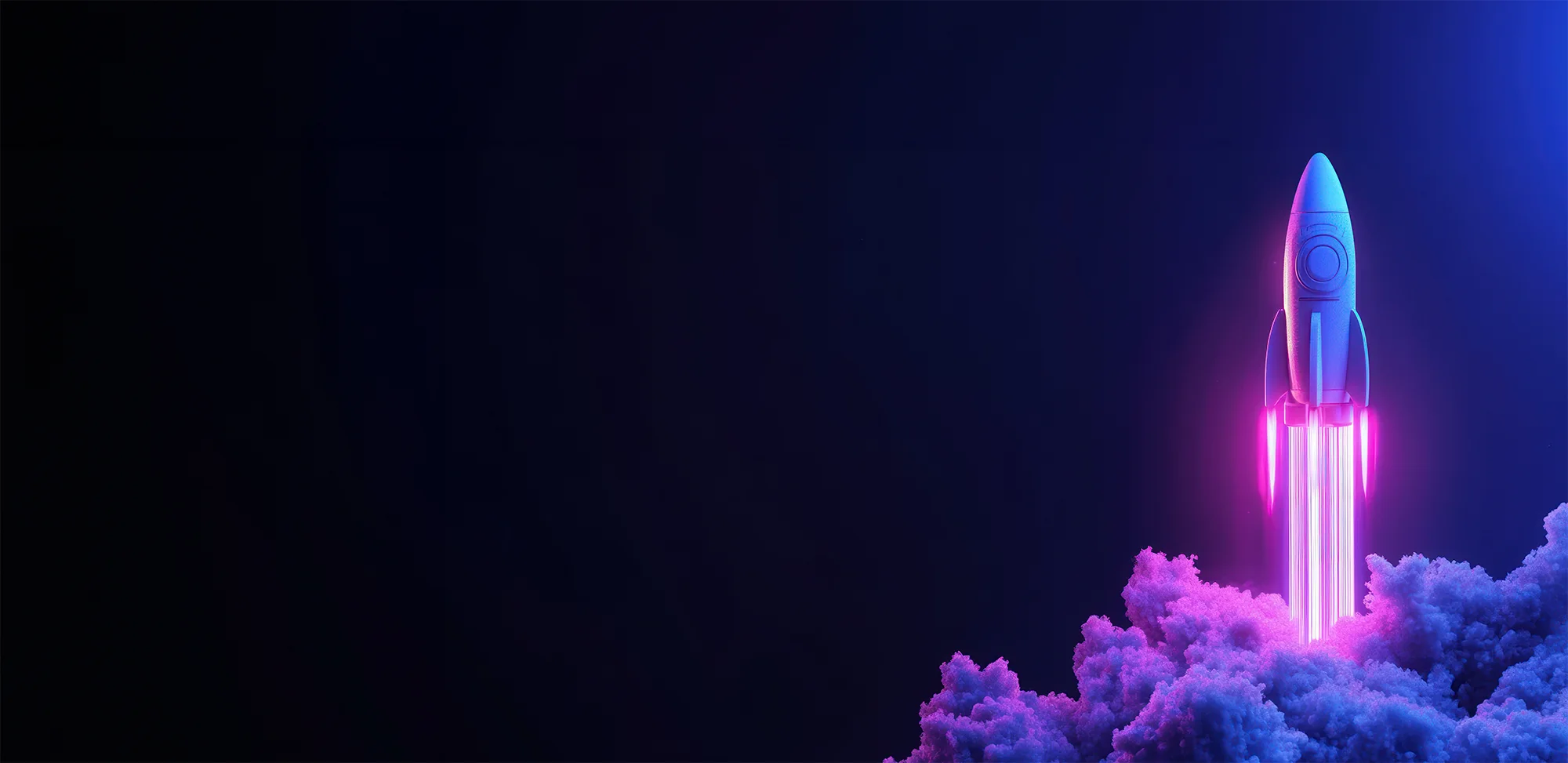 Neon rocket launching on a dark background