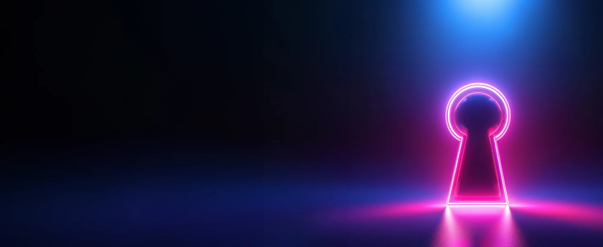 Glowing neon keyhole on a dark background