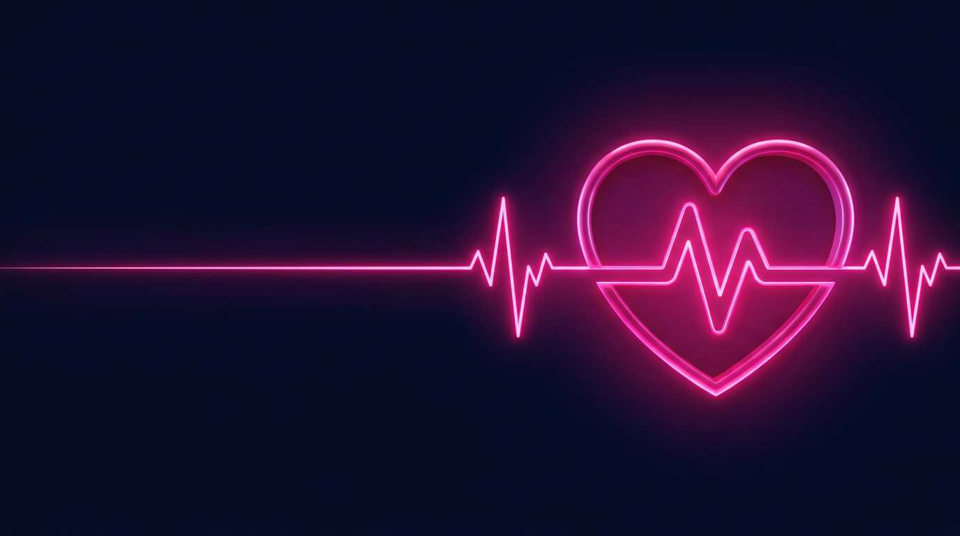 Glowing neon heart with a heartbeat pulse line on a dark background